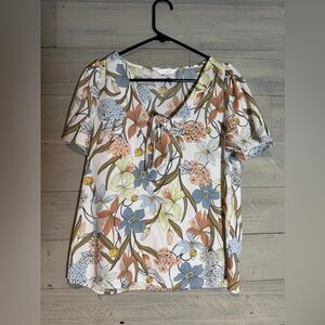 LC Lauren Conrad Floral Blouse with Blue and Orange Accents